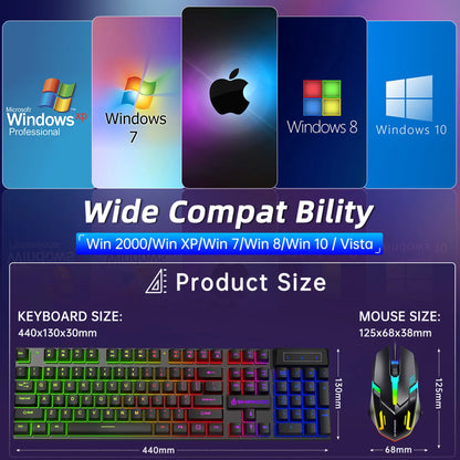 RGB LED Backlit Gaming Keyboard and Mouse Combo, Wired USB Keyboard with 26 Anti-Ghosting Keys for PC and Laptop, Black