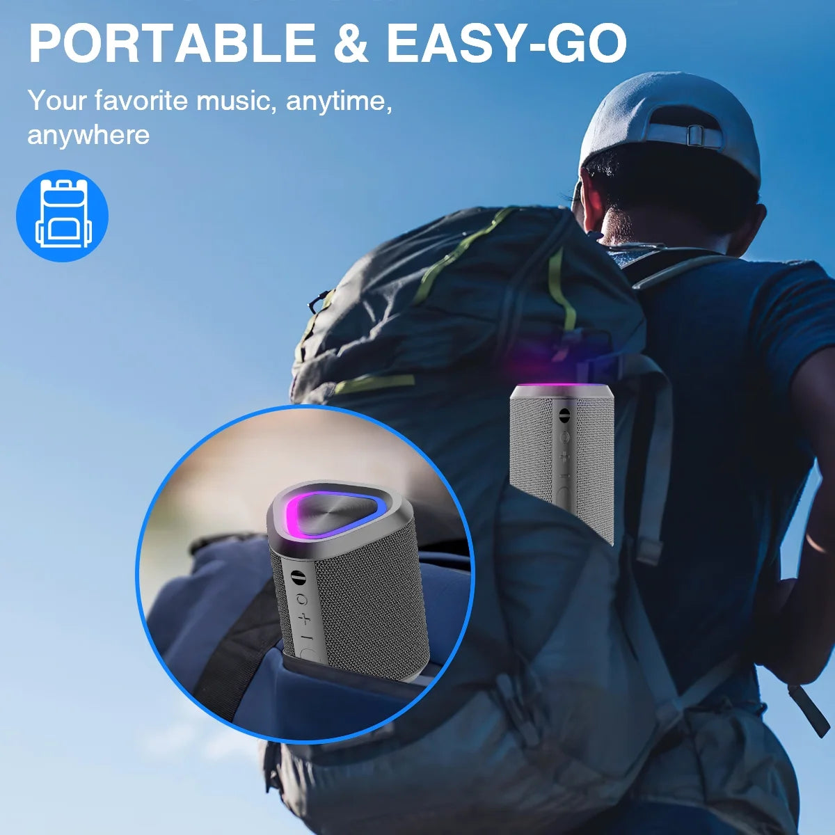 Portable Wireless Bluetooth 5.0 Speaker with 24-Hour Playtime, Stereo Bass, 100 Ft Range, and IPX7 Waterproof Rating