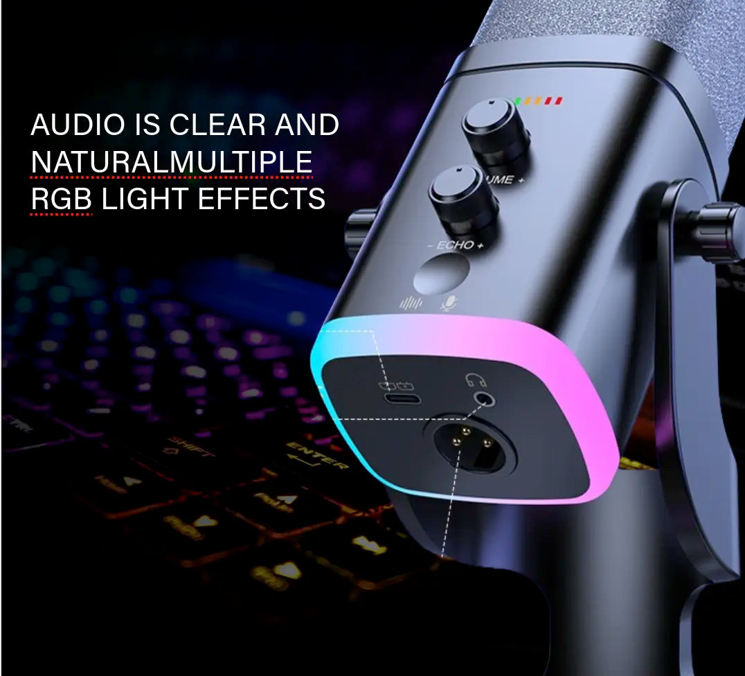 Professional USB/XLR Gaming Microphone for Podcasting - Dynamic RGB Condenser Microphone with Touch Mute, Headphone Output, and Desktop Stand