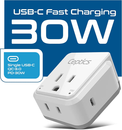 Universal Travel Plug Adapter Set with USB-C 3.0, 30W PD & QC - Compact Design for Global Use, Includes Type A, B, C, E/F, G, I Attachments (PAK-30-WS)