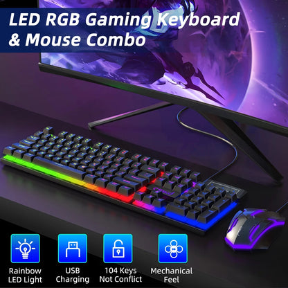 RGB LED Backlit Gaming Keyboard and Mouse Combo, Wired USB Keyboard with 26 Anti-Ghosting Keys for PC and Laptop, Black