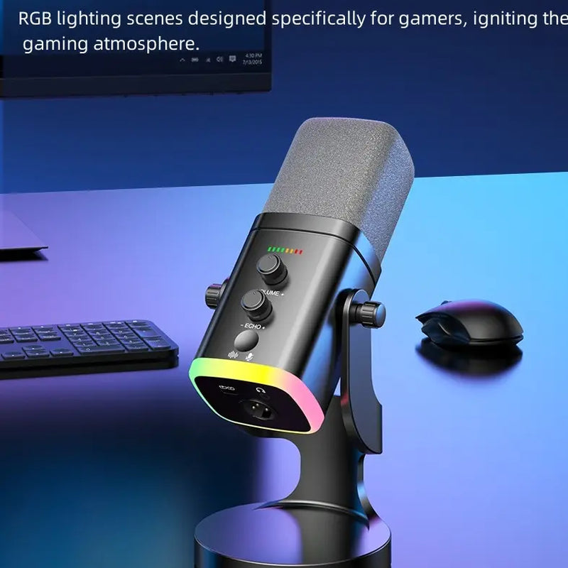 Professional USB/XLR Gaming Microphone for Podcasting - Dynamic RGB Condenser Microphone with Touch Mute, Headphone Output, and Desktop Stand