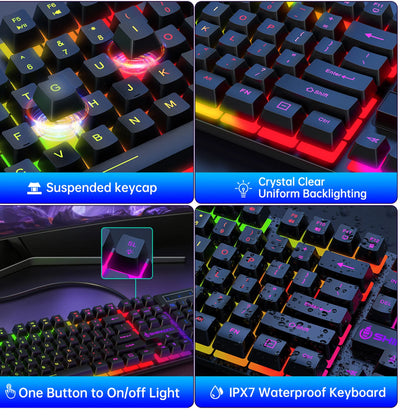 RGB LED Backlit Gaming Keyboard and Mouse Combo, Wired USB Keyboard with 26 Anti-Ghosting Keys for PC and Laptop, Black