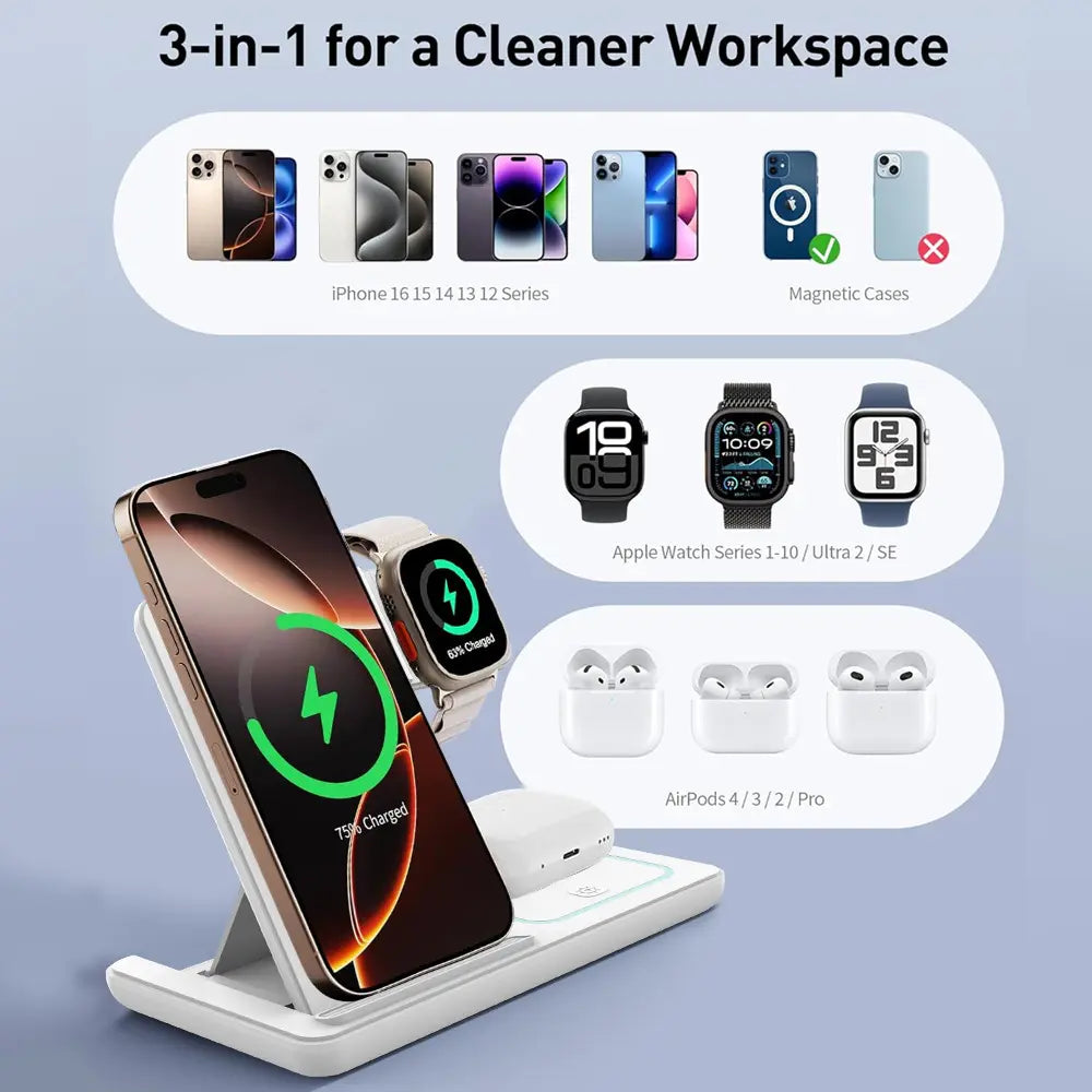 Portable 3-in-1 Wireless Charging Station for iPhone, Apple Watch, and AirPods - Compatible with Multiple Android Devices and Smartwatches