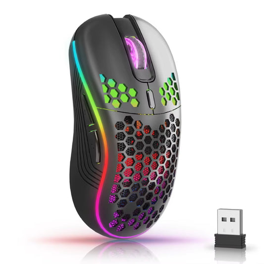 2.4GHz Wireless RGB Backlit Gaming Mouse with 6 Buttons, 3-Speed DPI, Type-C Rechargeable, and Ergonomic Honeycomb Design