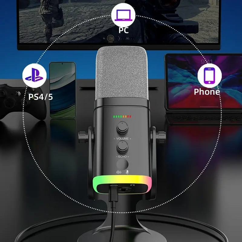 Professional USB/XLR Gaming Microphone for Podcasting - Dynamic RGB Condenser Microphone with Touch Mute, Headphone Output, and Desktop Stand