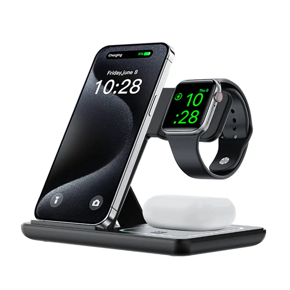 Portable 3-in-1 Wireless Charging Station for iPhone, Apple Watch, and AirPods - Compatible with Multiple Android Devices and Smartwatches