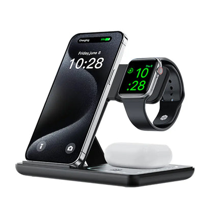 Portable 3-in-1 Wireless Charging Station for iPhone, Apple Watch, and AirPods - Compatible with Multiple Android Devices and Smartwatches