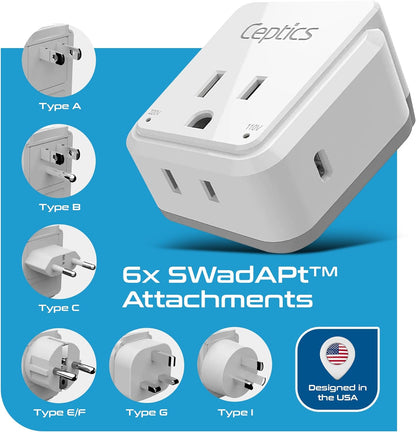 Universal Travel Plug Adapter Set with USB-C 3.0, 30W PD & QC - Compact Design for Global Use, Includes Type A, B, C, E/F, G, I Attachments (PAK-30-WS)
