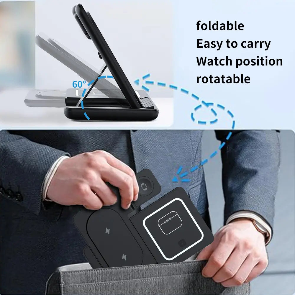 Portable 3-in-1 Wireless Charging Station for iPhone, Apple Watch, and AirPods - Compatible with Multiple Android Devices and Smartwatches
