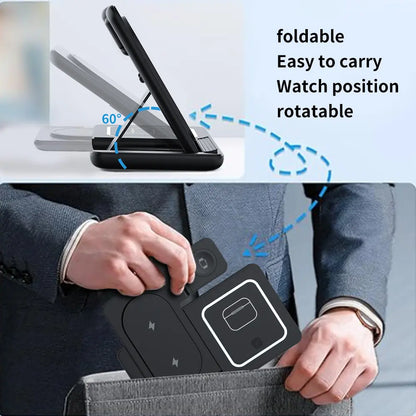Portable 3-in-1 Wireless Charging Station for iPhone, Apple Watch, and AirPods - Compatible with Multiple Android Devices and Smartwatches