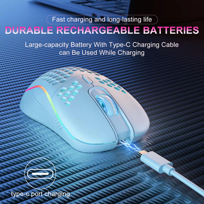 2.4GHz Wireless RGB Backlit Gaming Mouse with 6 Buttons, 3-Speed DPI, Type-C Rechargeable, and Ergonomic Honeycomb Design