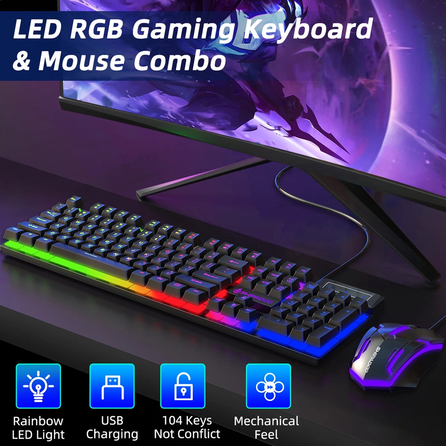 RGB LED Backlit Gaming Keyboard and Mouse Combo, Wired USB Keyboard with 26 Anti-Ghosting Keys for PC and Laptop, Black