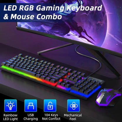RGB LED Backlit Gaming Keyboard and Mouse Combo, Wired USB Keyboard with 26 Anti-Ghosting Keys for PC and Laptop, Black