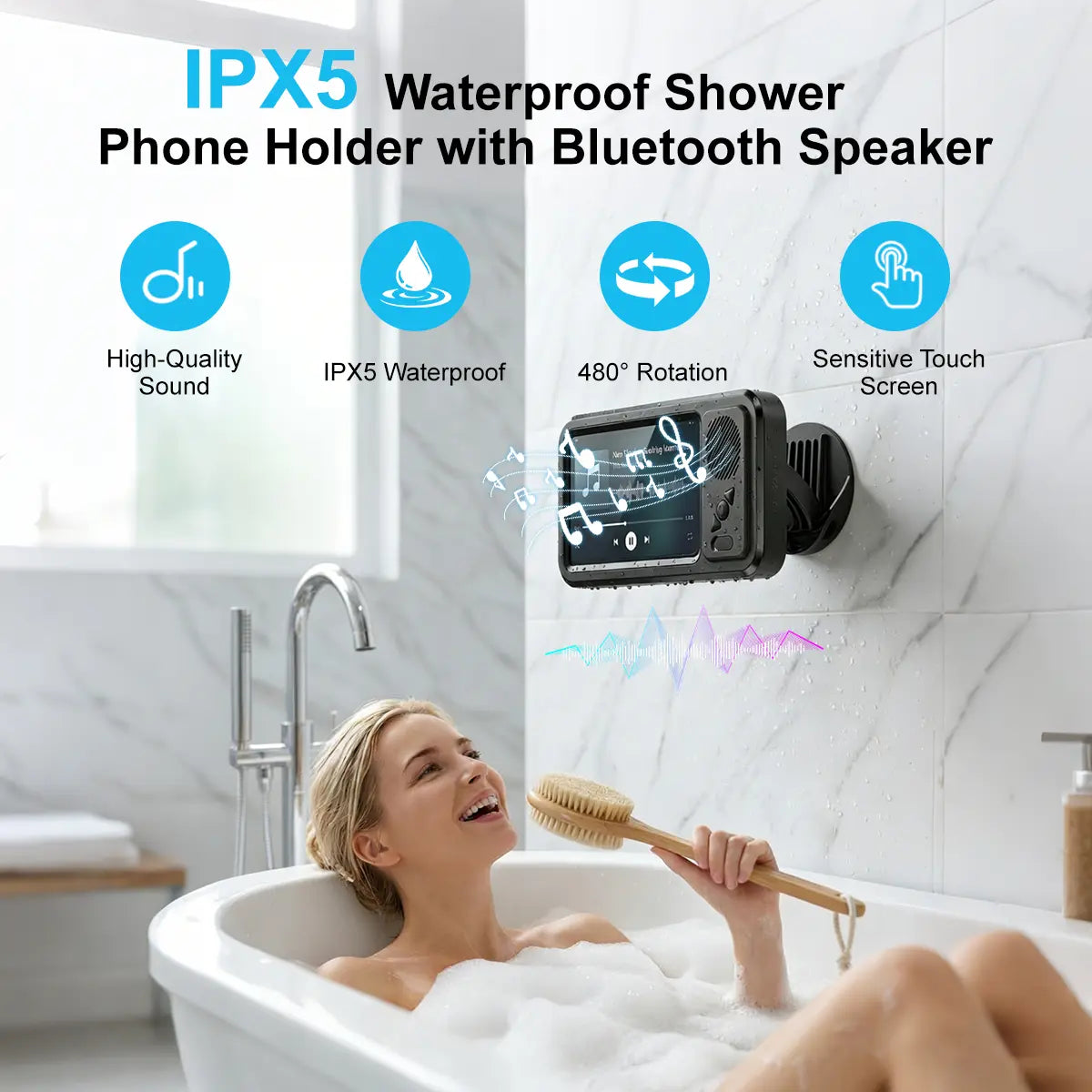 Waterproof Bluetooth Speaker with 360° Rotating Touch Screen - Ideal for Bathroom, Kitchen, and Pool Use - Features Phone Holder for Movies and Music